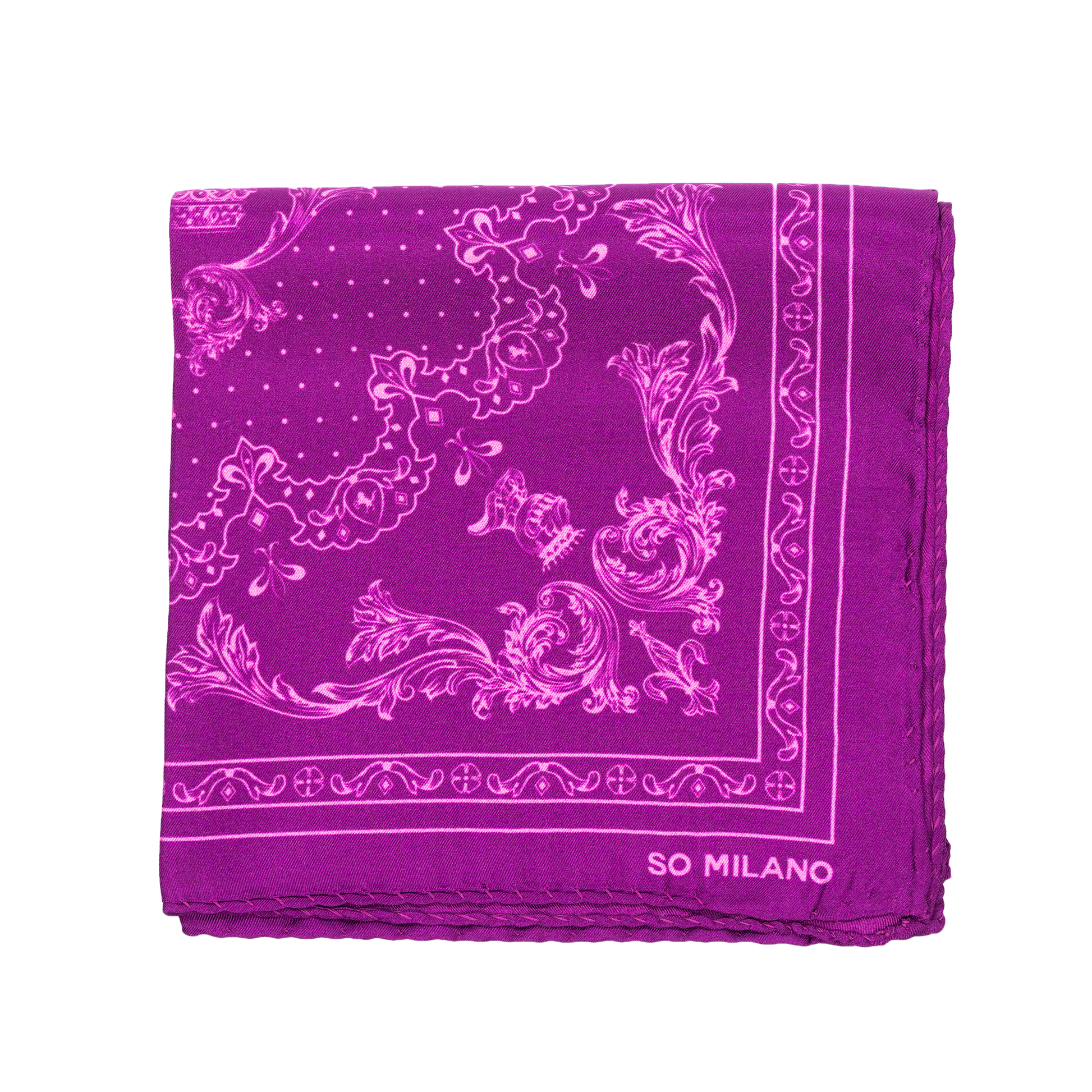 Handrolliertes Einstecktuch aus Seide im lilafarbenen Heraldic-Design – SO  MILANO